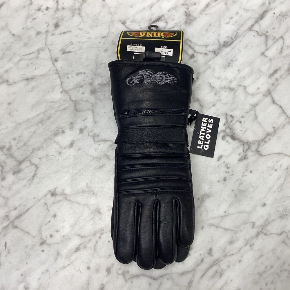UNIK Black Leather Motorcycle Riding Gloves Men's Size L Zipper Pocket